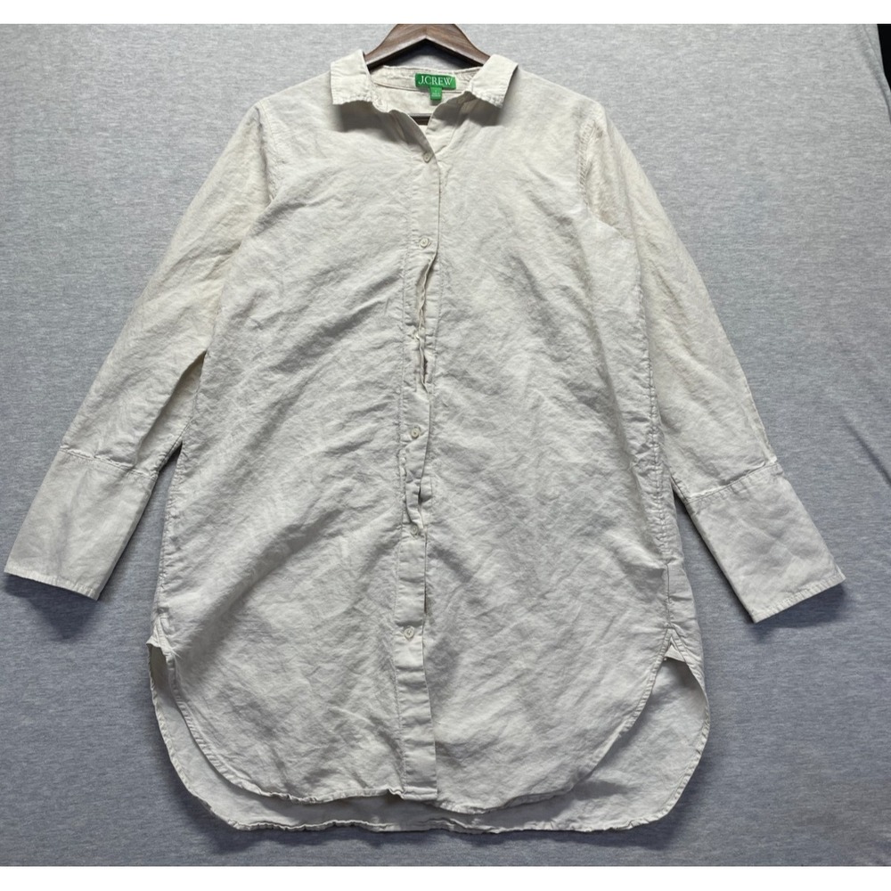 J.Crew Relaxed Fit Beach Shirt Women L Beige Linen Pleated Collared Button Front